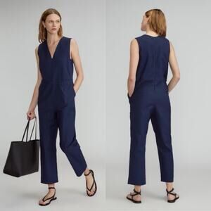 New Everlane The Structured Cotton Jumpsuit V-Neck Navy Blue Women's 6 NWT